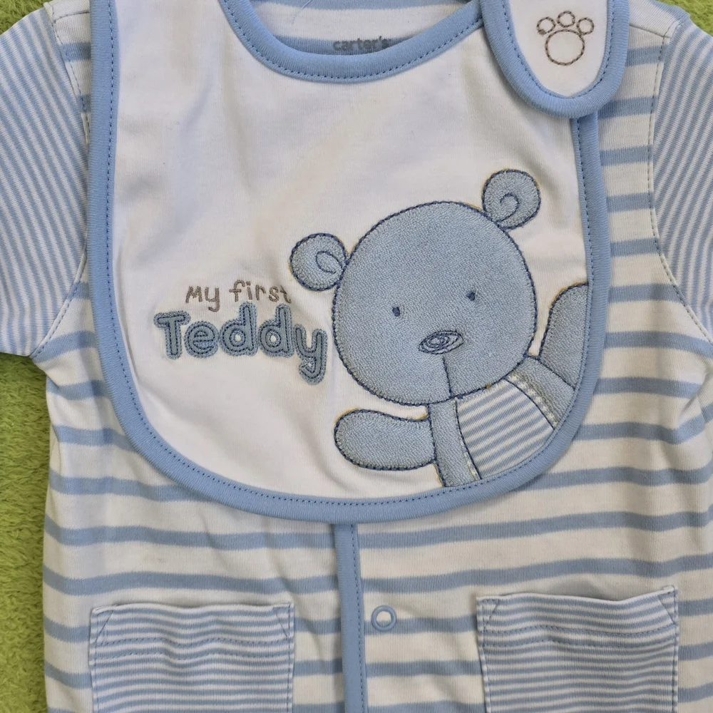 NWT 6-9M FOOTIE & BIB SET Blue & White Striped Baby BOYS MY FIRST TEDDY (Q3)
